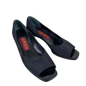 VAN ELi East Black Satin Block Heel Open Toe Slip On Pumps Leather Sole Size 7